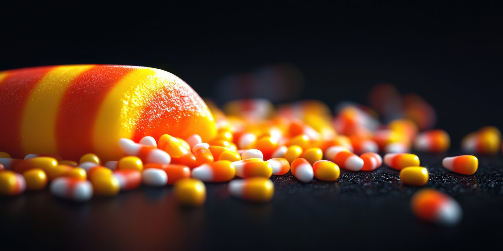 Colorful candy corn and seasonal treats scattered on dark surface during autumn festivities